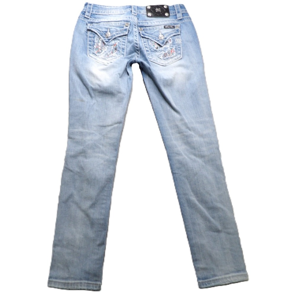 Y2K Miss Me Jeans Women 28 Light Wash Skinny Denim Rhinestone Embroidered Cuffed